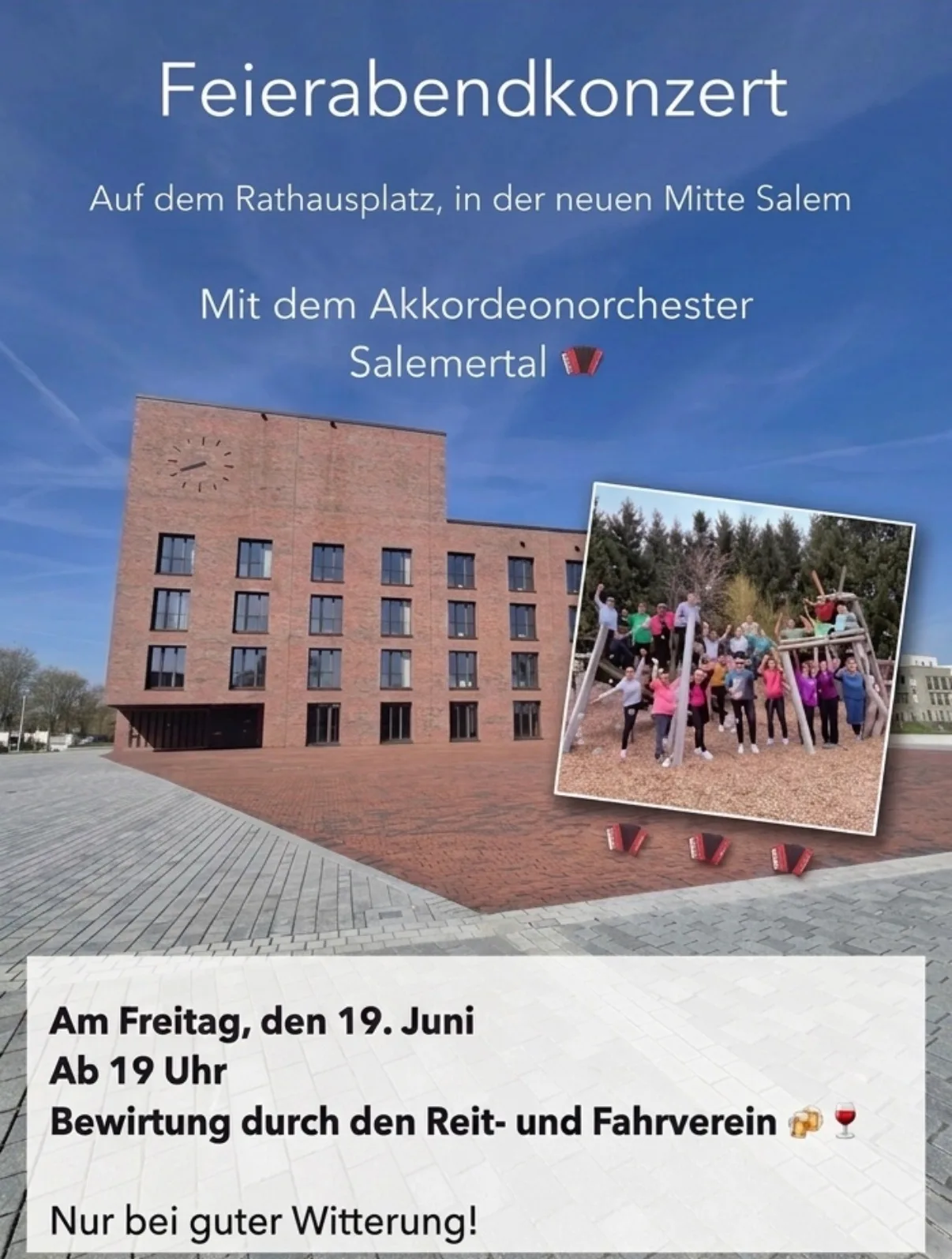 Wir freuen uns auf einen musikalischen Feierabend mit euch! 🎶 Kommt vorbei, genießt die Musik und lasst euch vom Reit- und Fahrverein mit Speis und Trank versorgen🎊